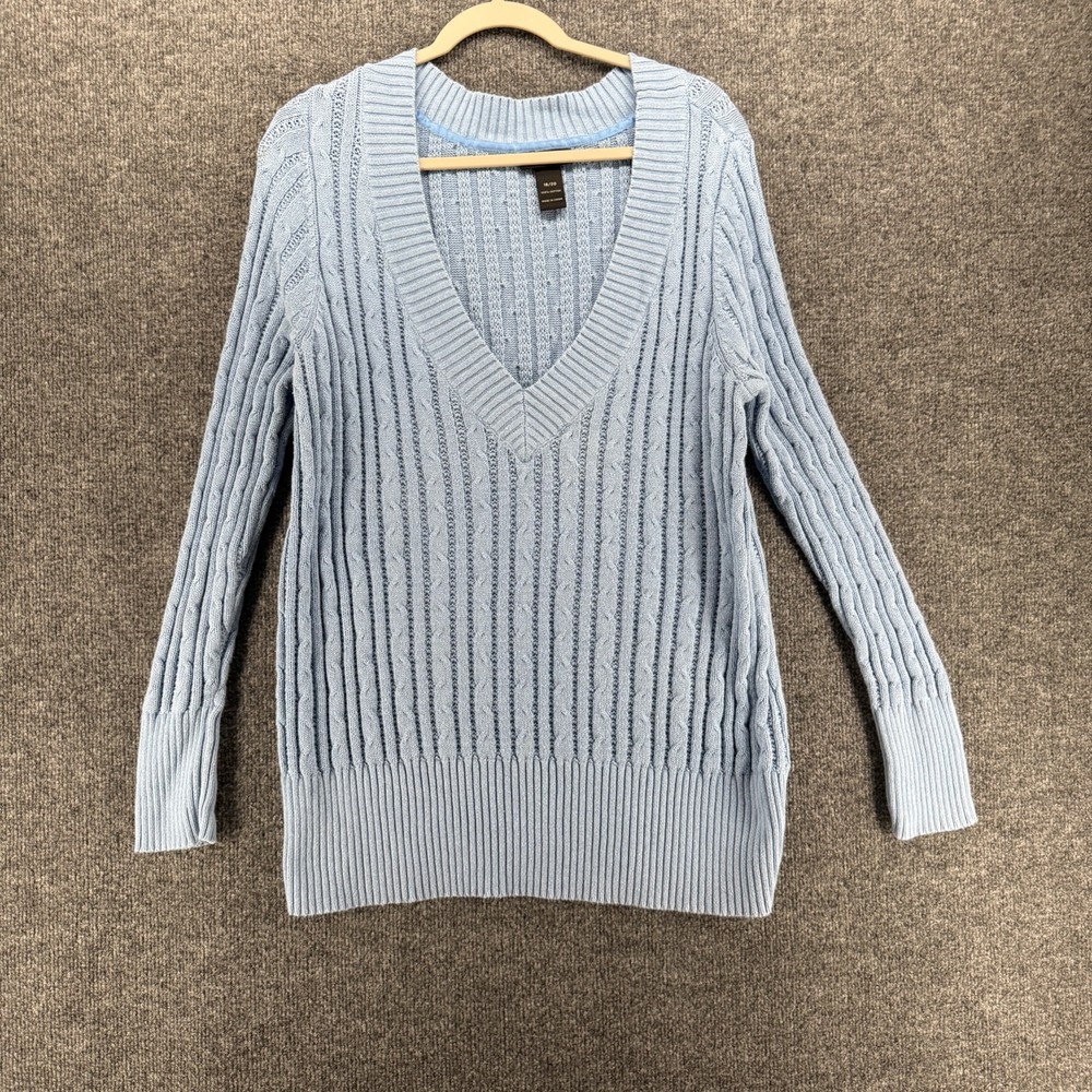 Lane Bryant Sweater Womens 18/20 Blue V-Neck Cable Knit V-Neck Fisherman Preppy